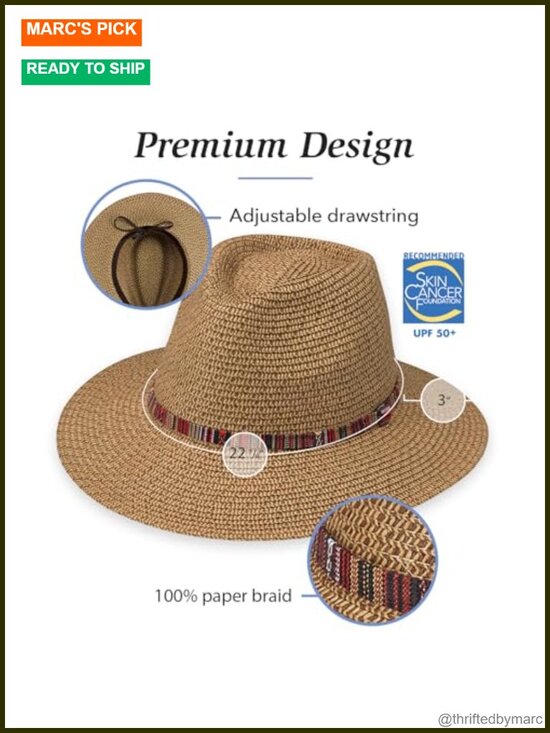 UPF 50+ Sun Protection Wide Brim Fedora Hat Packable Paper Braid main image 4